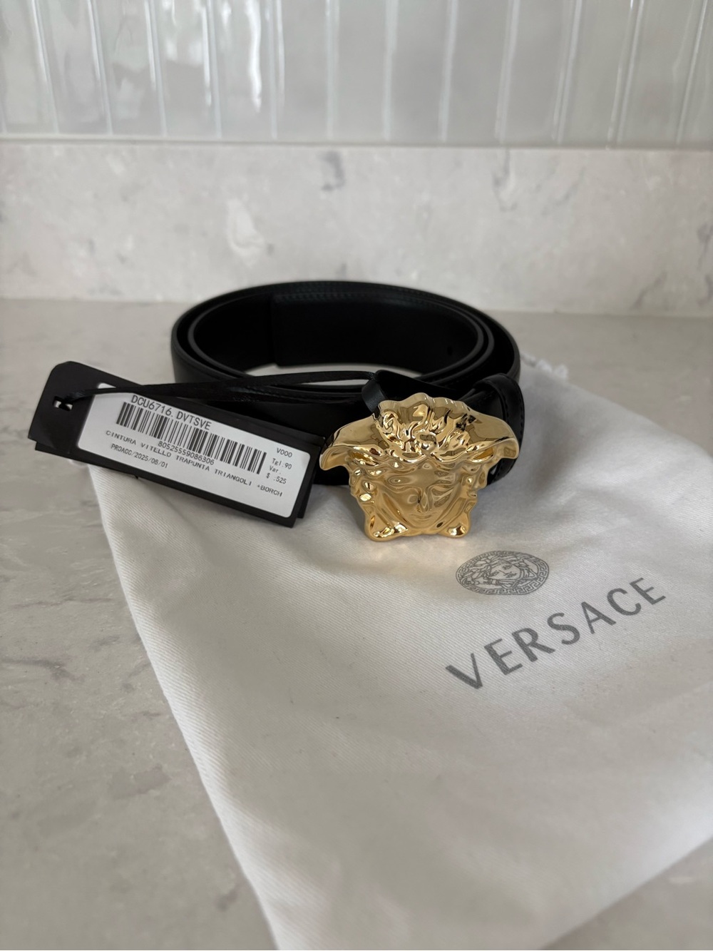 Versace Black Leather Belt with Gold Medusa Head Buckle